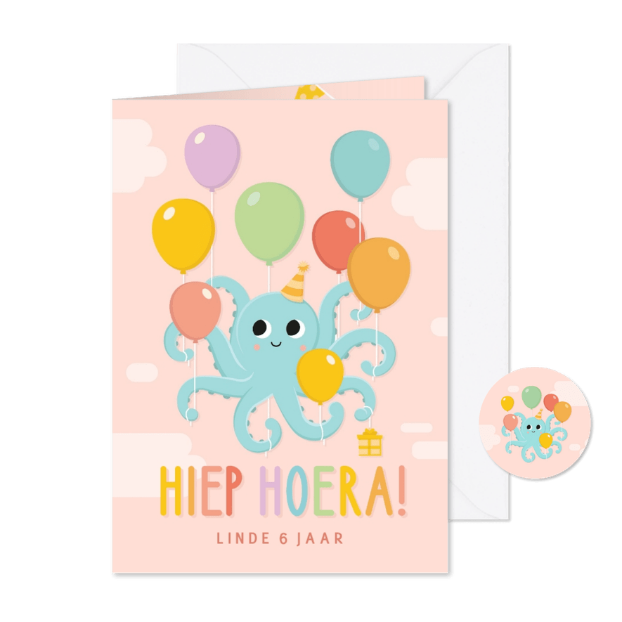 Uitnodiging kinderfeestje meisje met octopus met ballonnen - Kaartimpressie