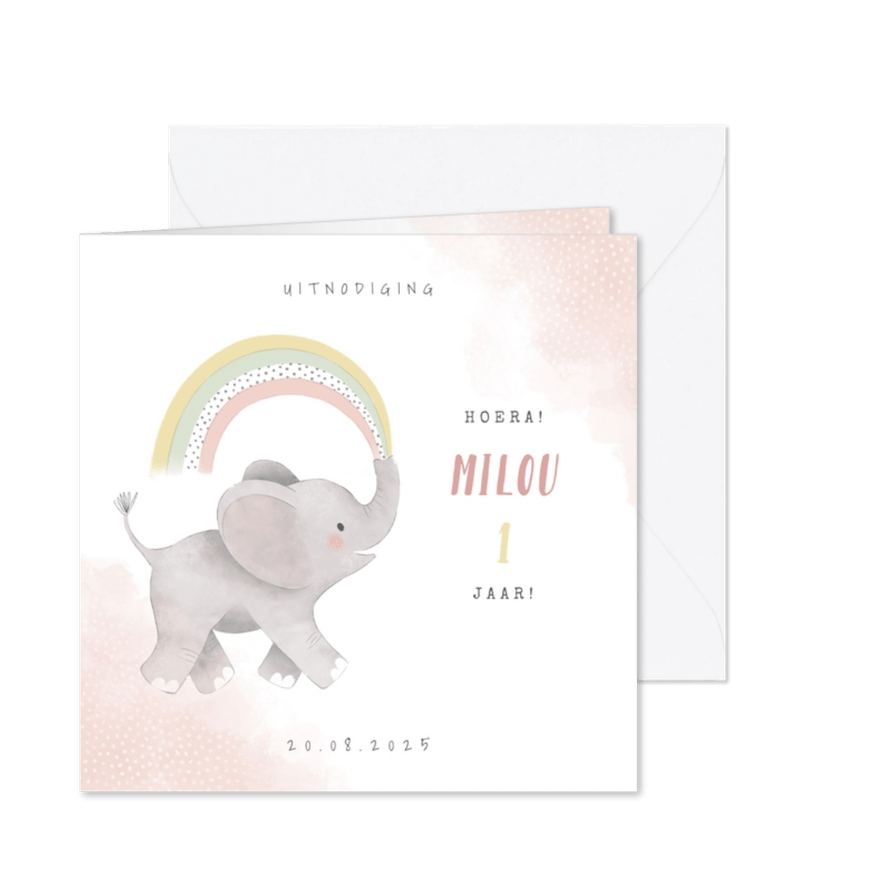 Uitnodiging kinderfeestje meisje met olifantje en regenboog - Kaartimpressie