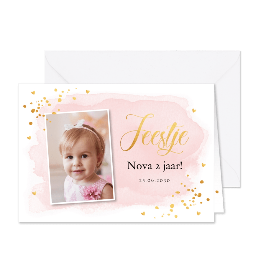 Uitnodiging kinderfeestje meisje roze foto goudlook - Kaartimpressie