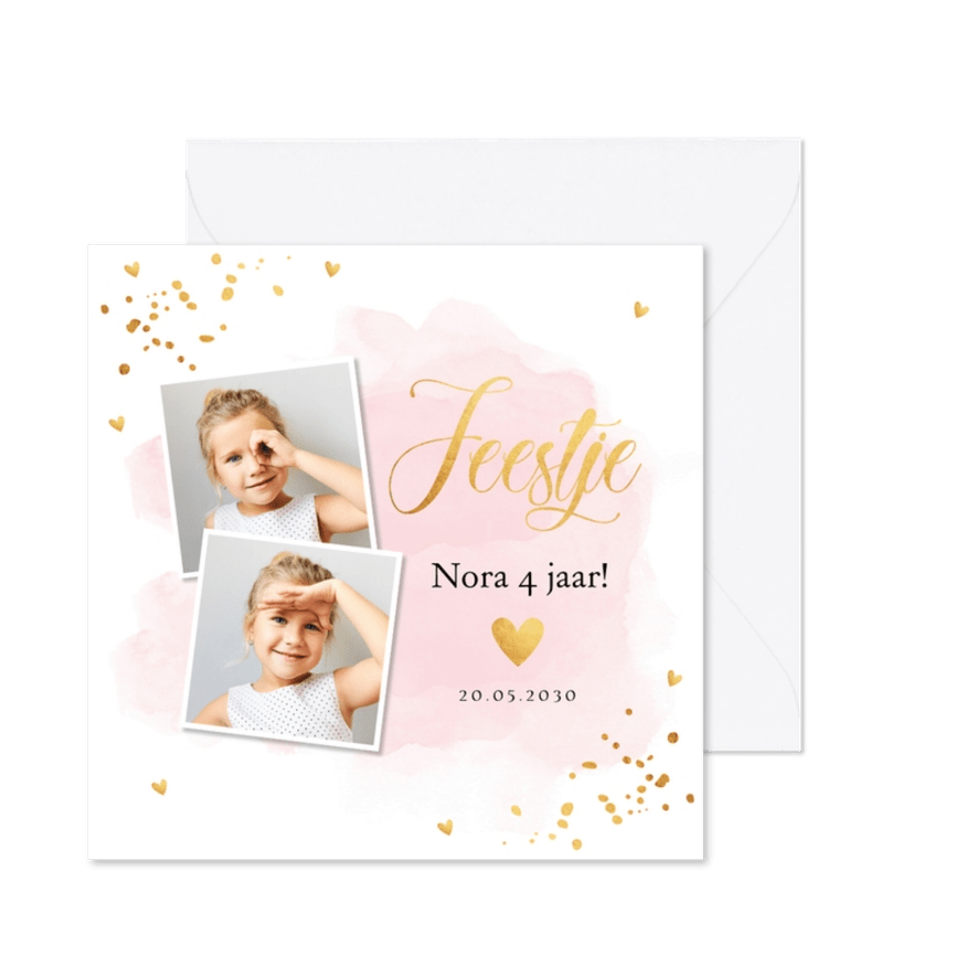 Uitnodiging kinderfeestje meisje roze waterverf goudlook - Kaartimpressie