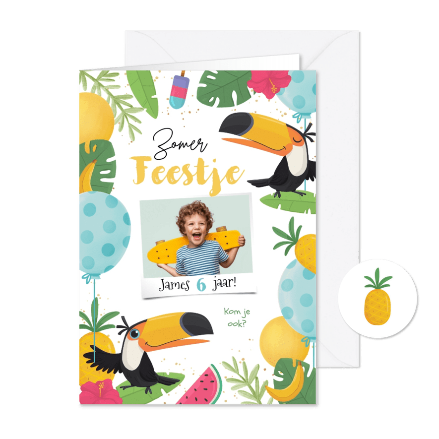 Uitnodiging kinderfeestje meisje tropisch toekan fruit - Kaartimpressie
