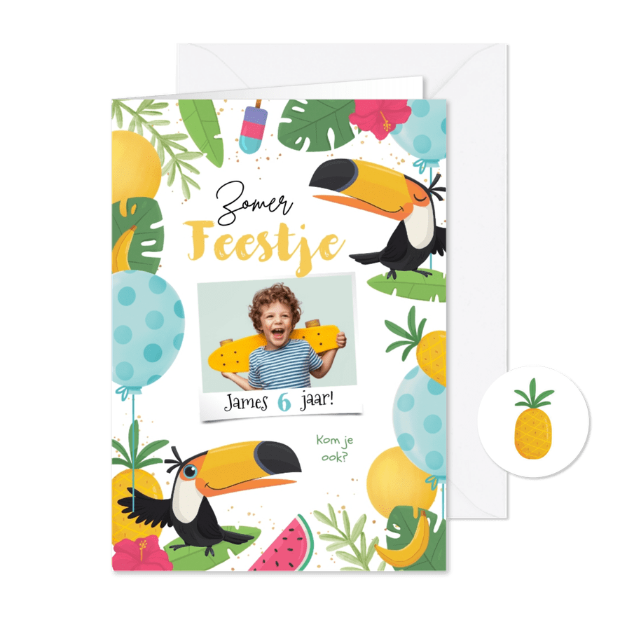 Uitnodiging kinderfeestje meisje tropisch toekan fruit - Kaartimpressie