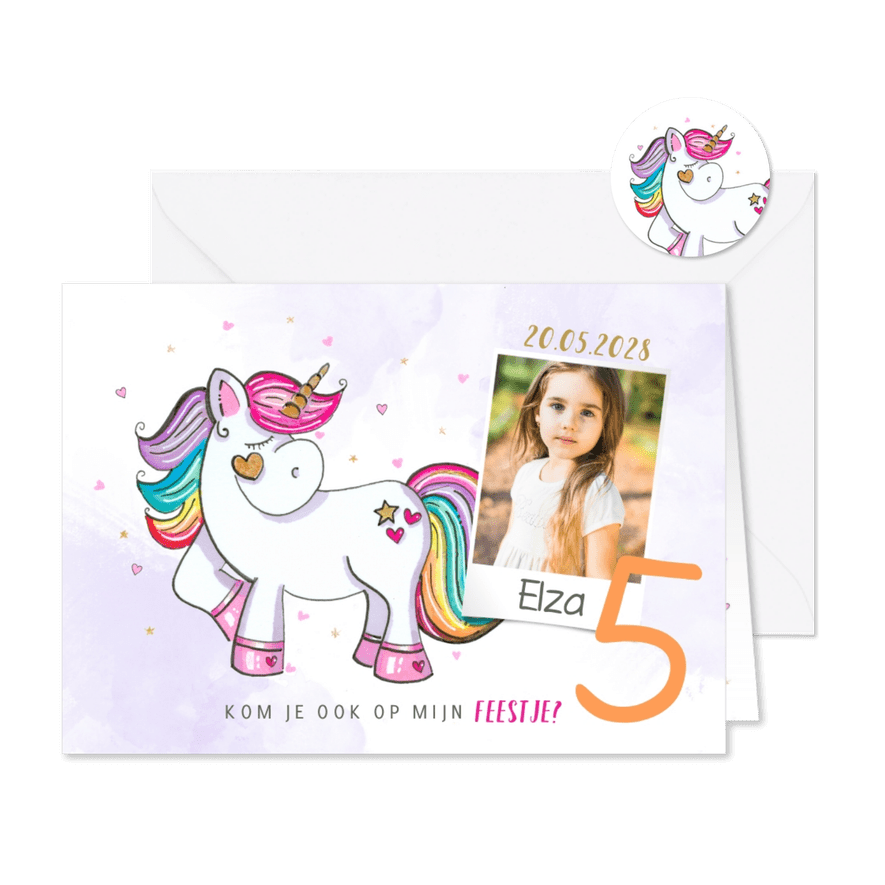 Uitnodiging kinderfeestje meisje unicorn lila watercolor - Kaartimpressie