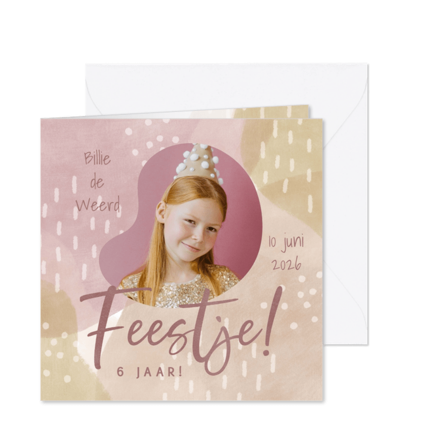 Uitnodiging kinderfeestje meisje vormen foto en 'Feestje!' - Kaartimpressie