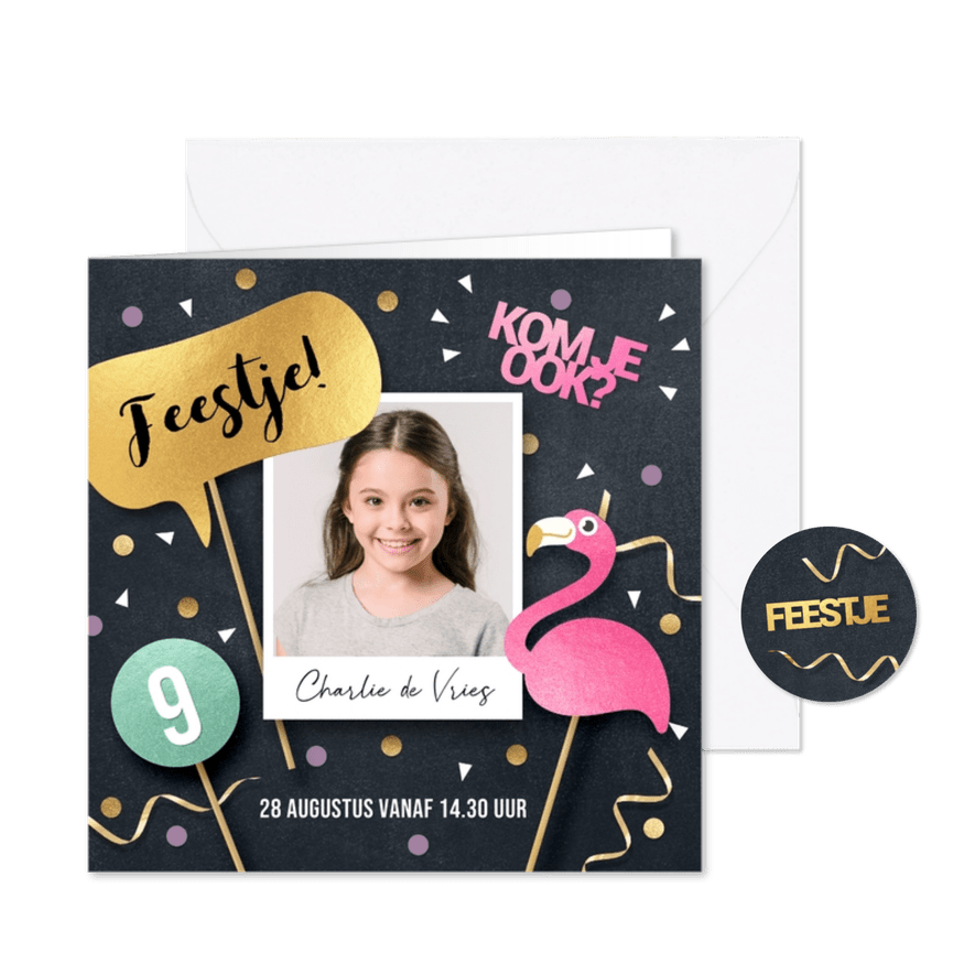 Uitnodiging kinderfeestje meisje vrolijke flamingo - Kaartimpressie