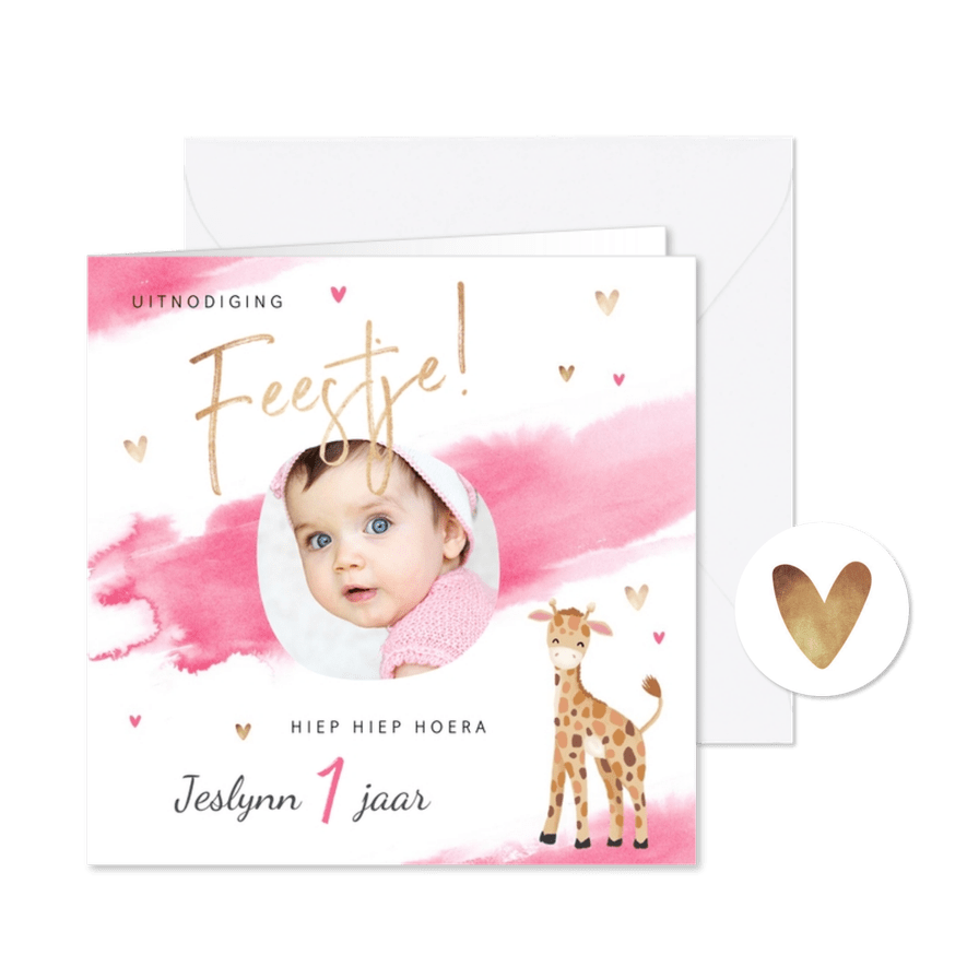 uitnodiging kinderfeestje meisje waterverf giraf hartjes - Kaartimpressie