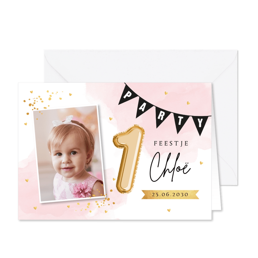 Uitnodiging kinderfeestje meisje waterverf roze foto - Kaartimpressie