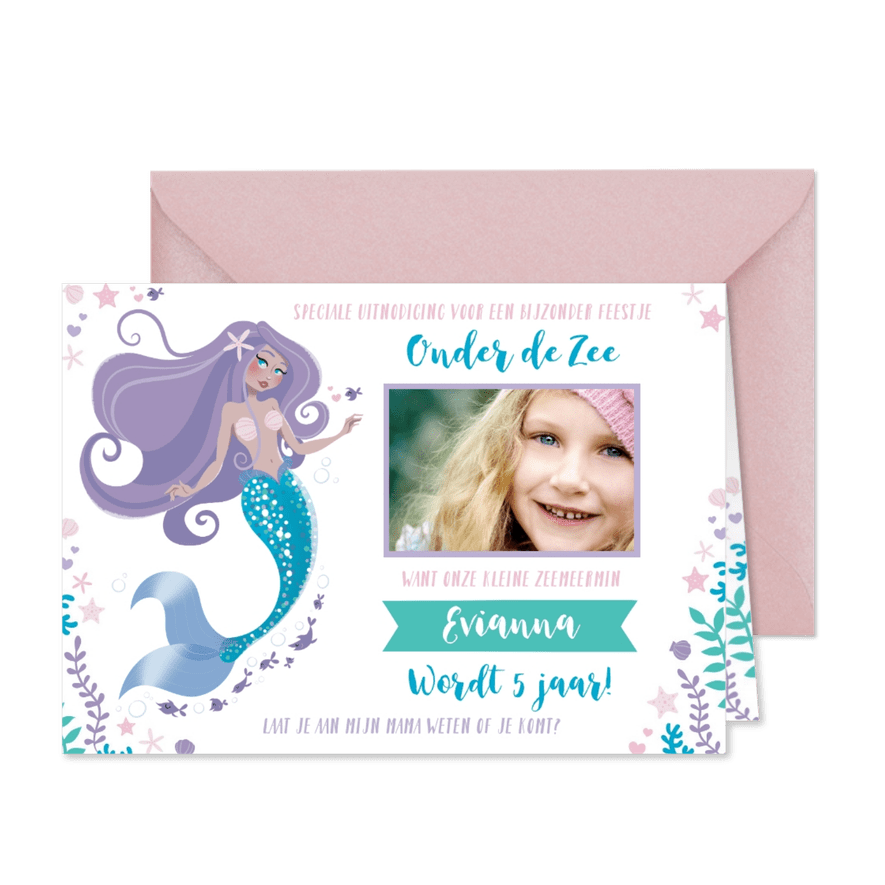 Uitnodiging kinderfeestje meisje zeemeermin zwemmen - Kaartimpressie