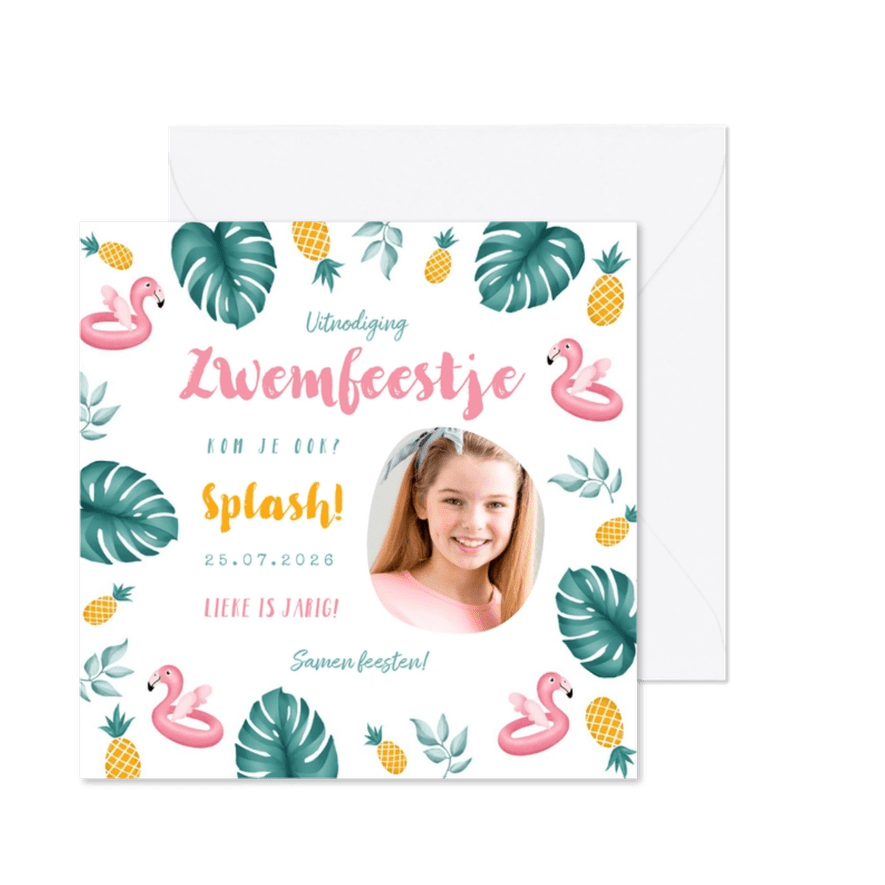 Uitnodiging kinderfeestje meisje zwemmen flamingo ananas - Kaartimpressie