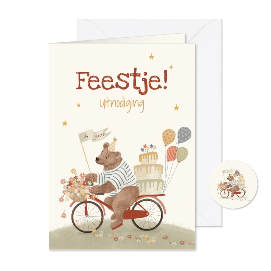 Uitnodiging kinderfeestje met beertje op weg naar feestje! - Kaartimpressie