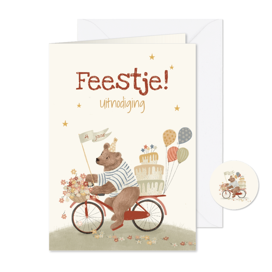 Uitnodiging kinderfeestje met beertje op weg naar feestje! - Kaartimpressie
