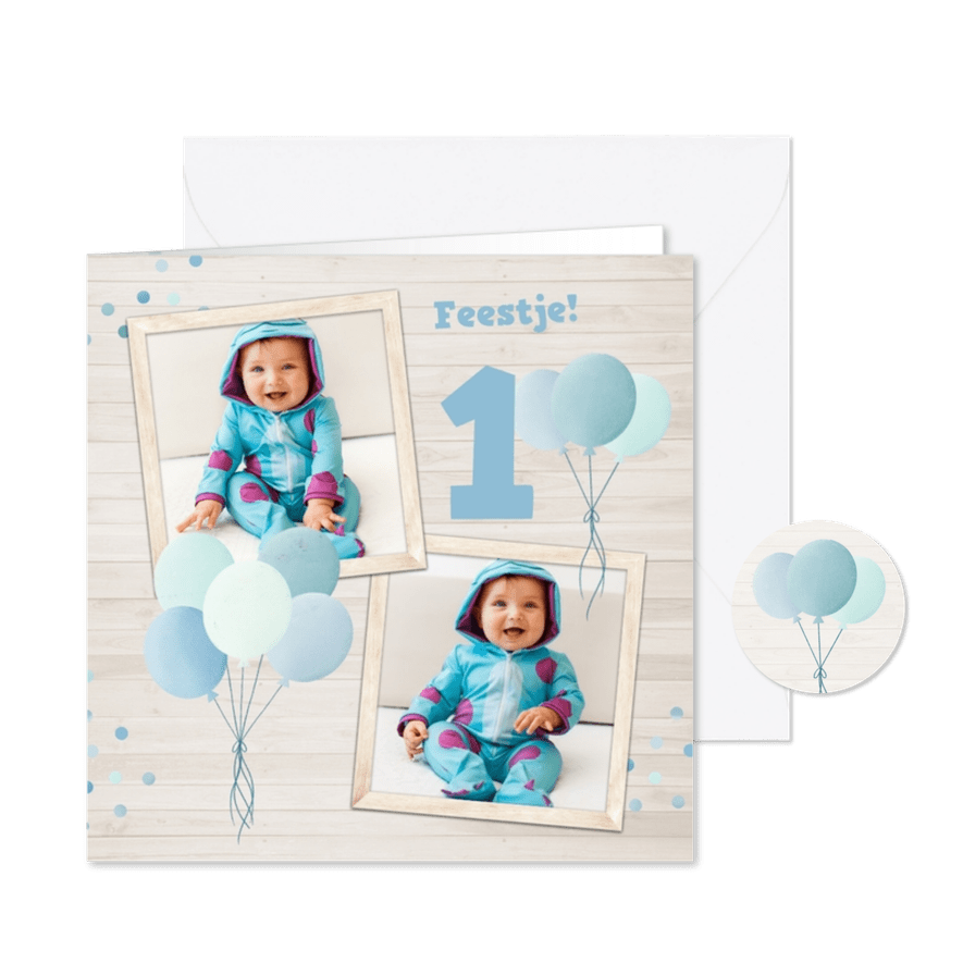 Uitnodiging kinderfeestje met blauw ballonnen en twee foto's - Kaartimpressie