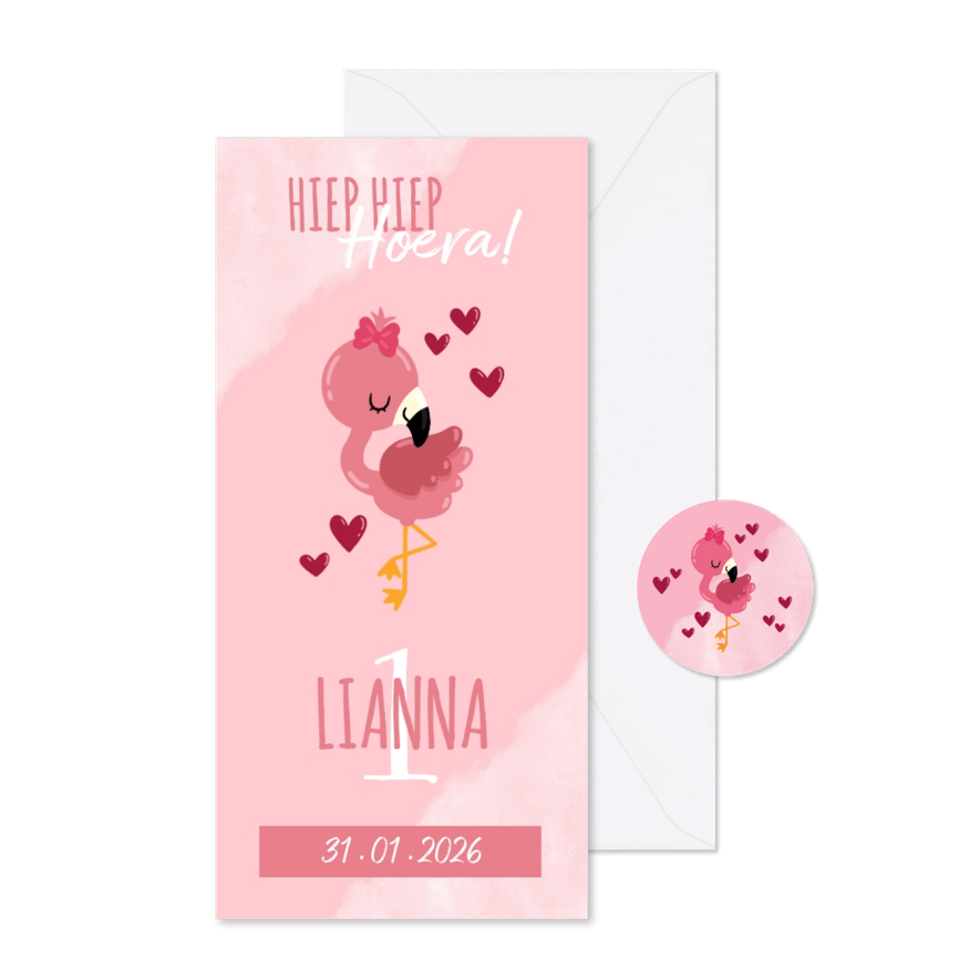 Uitnodiging kinderfeestje met flamingo, hartjes en waterverf - Kaartimpressie
