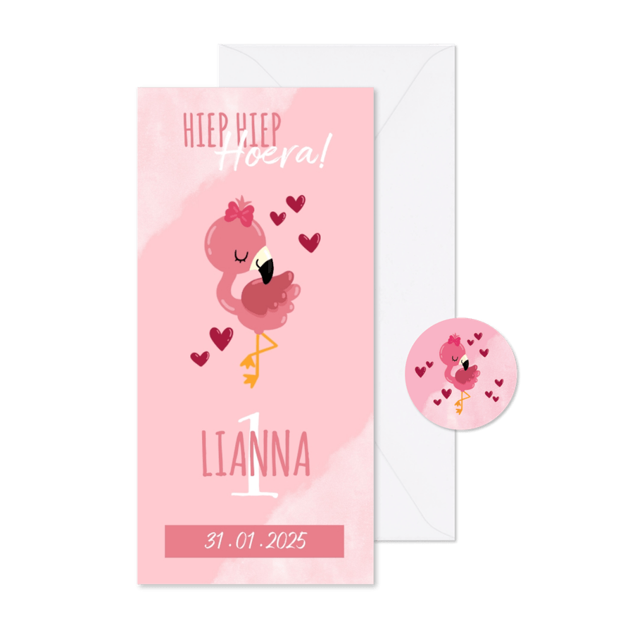 Uitnodiging kinderfeestje met flamingo, hartjes en waterverf - Kaartimpressie