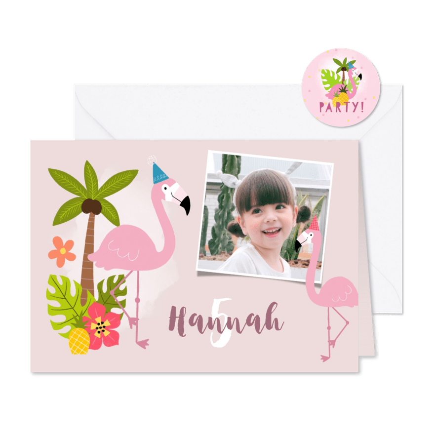 Uitnodiging kinderfeestje met flamingo's en tropisch thema - Kaartimpressie