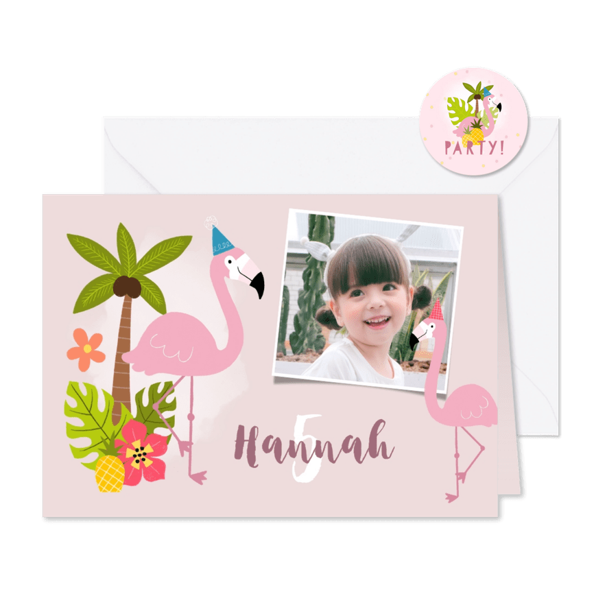 Uitnodiging kinderfeestje met flamingo's en tropisch thema - Kaartimpressie