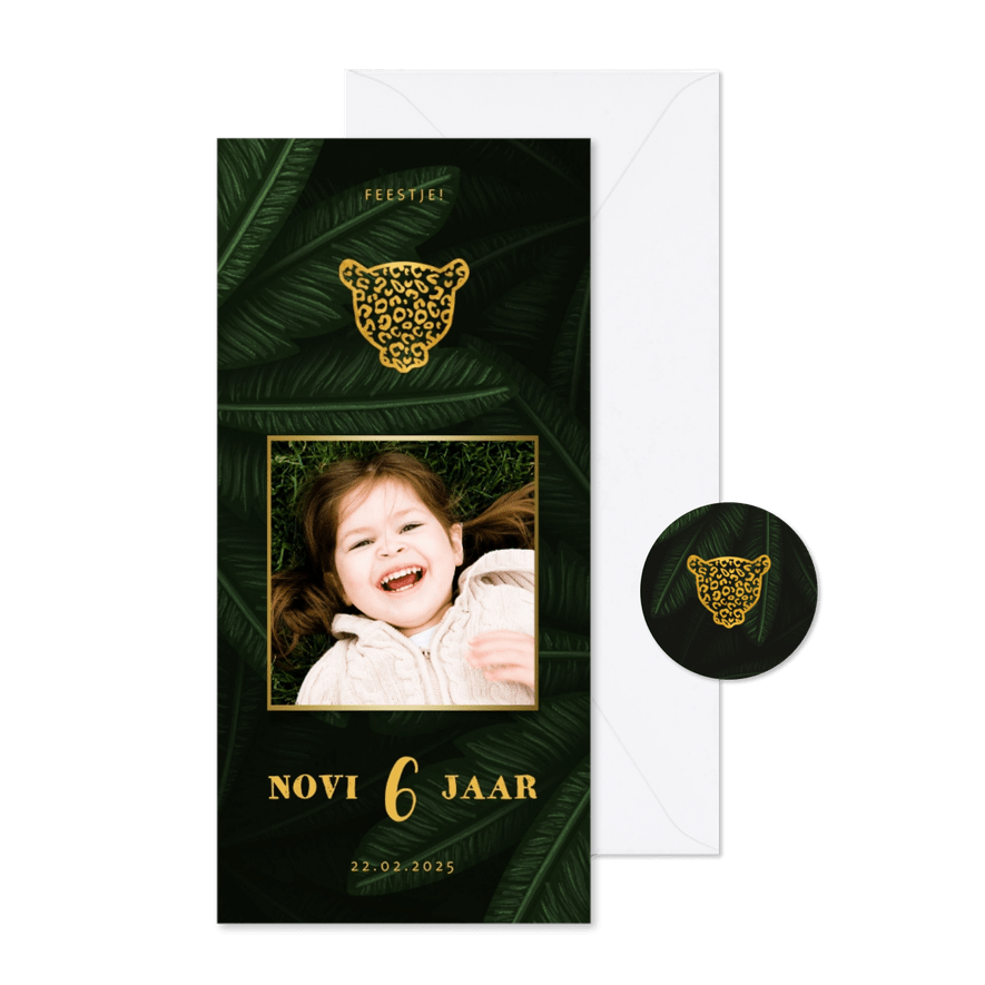 Uitnodiging kinderfeestje met foto en jungle bladeren - Kaartimpressie