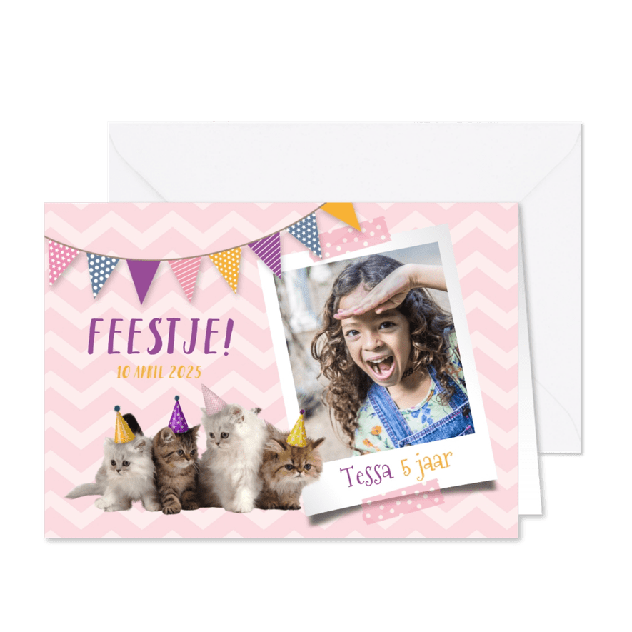 Uitnodiging kinderfeestje met foto en kittens - Kaartimpressie