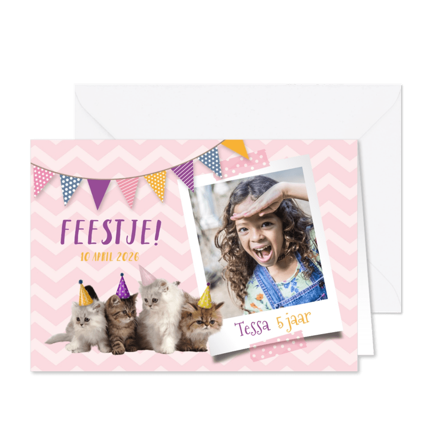 Uitnodiging kinderfeestje met foto en kittens - Kaartimpressie