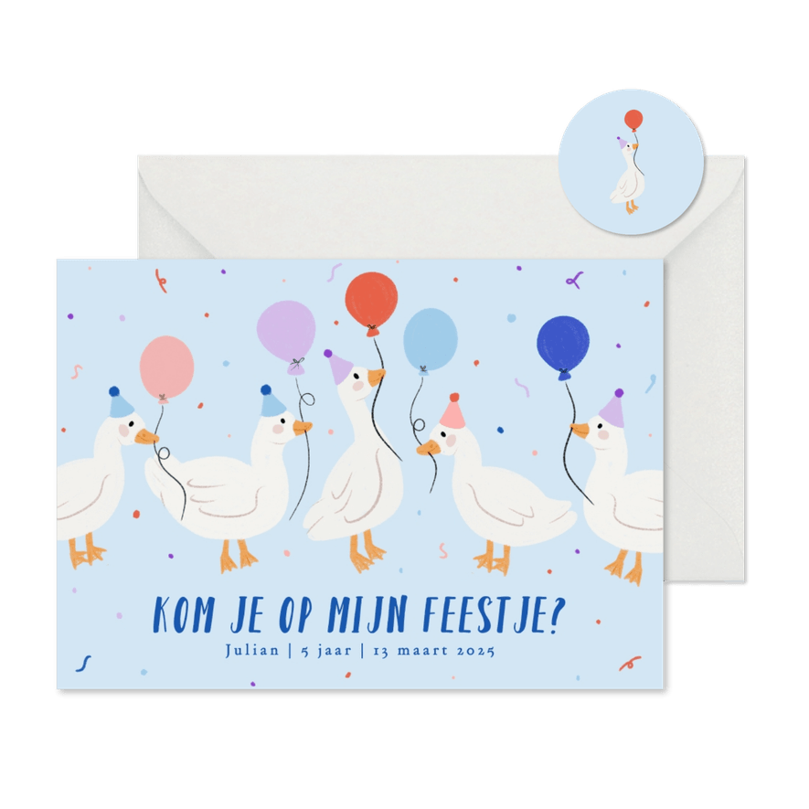 Uitnodiging kinderfeestje met gansjes ballonnen jongen - Kaartimpressie