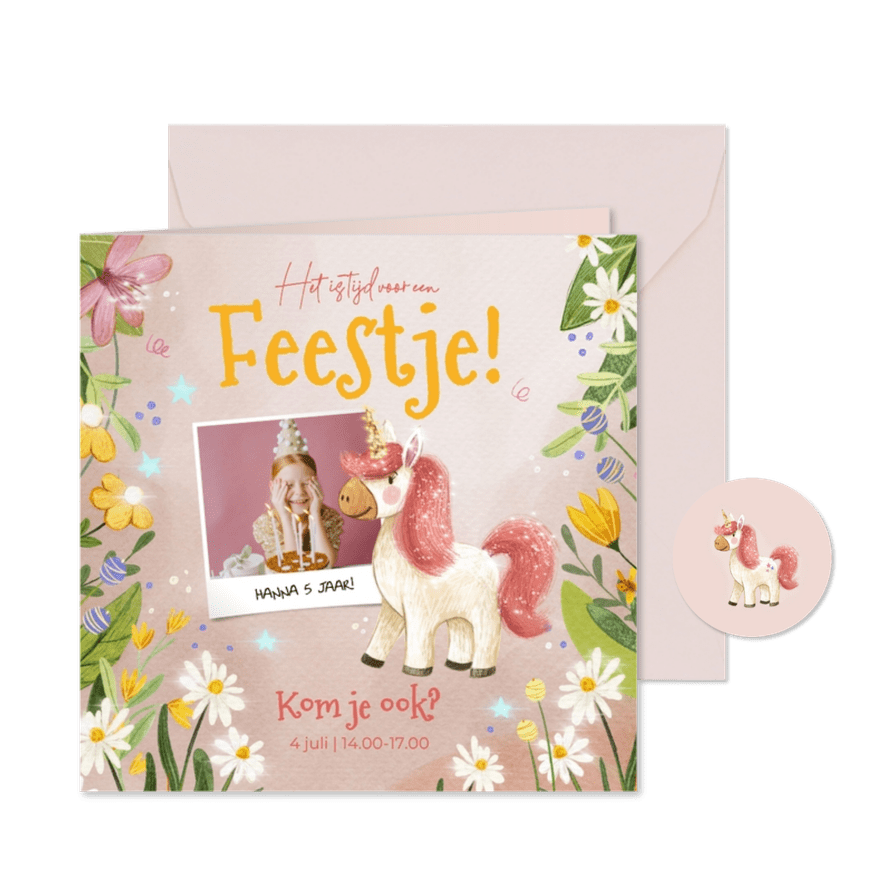 Uitnodiging kinderfeestje met glitter unicorn! - Kaartimpressie