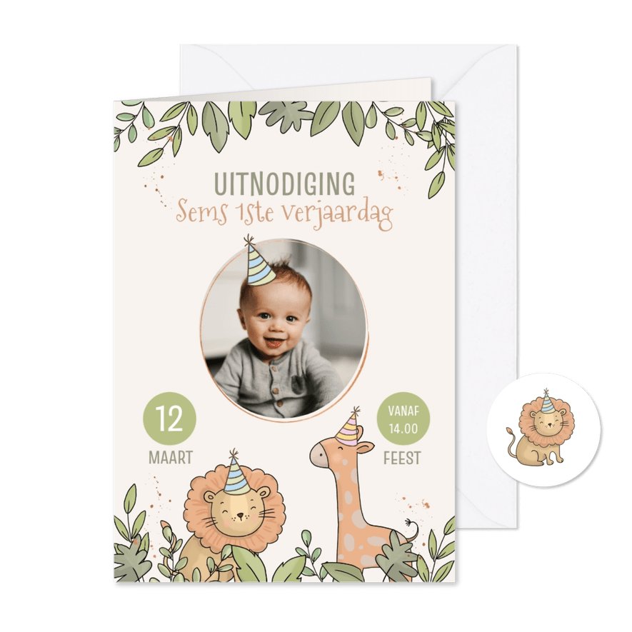 Uitnodiging kinderfeestje met leeuw en giraf - Kaartimpressie