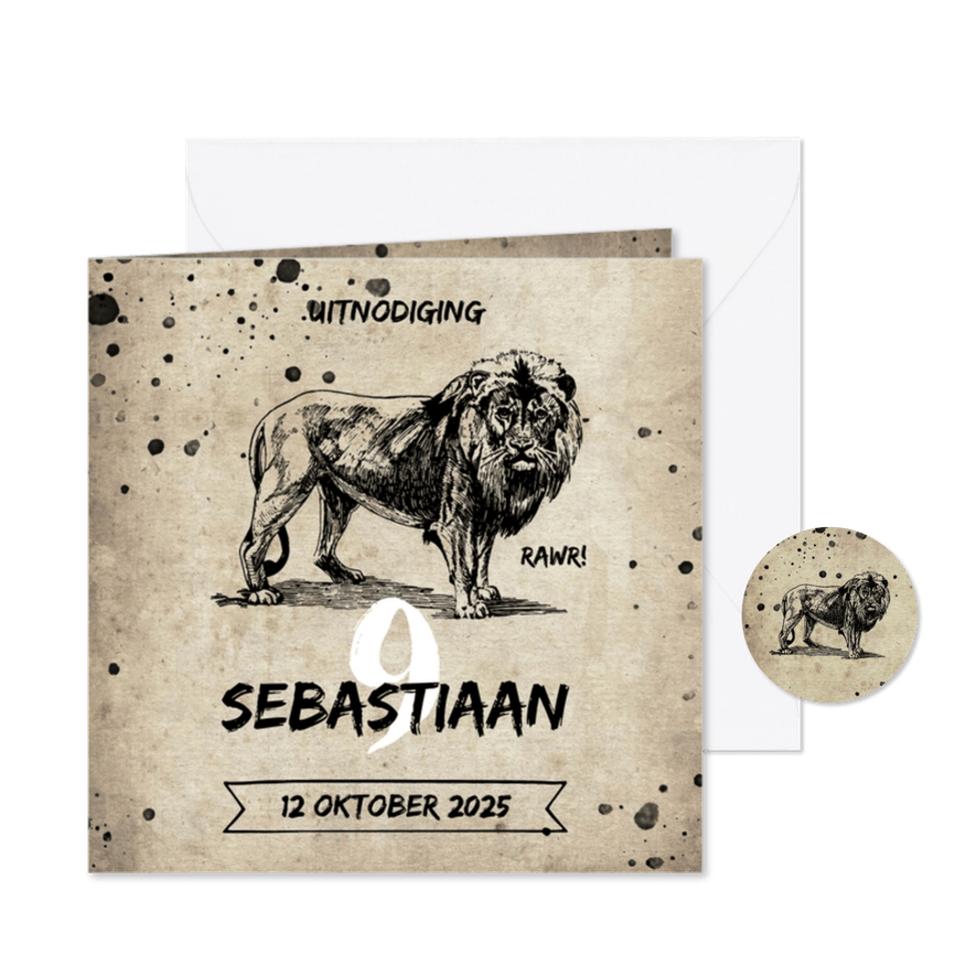 Uitnodiging kinderfeestje met oud papier, leeuw en spetters - Kaartimpressie