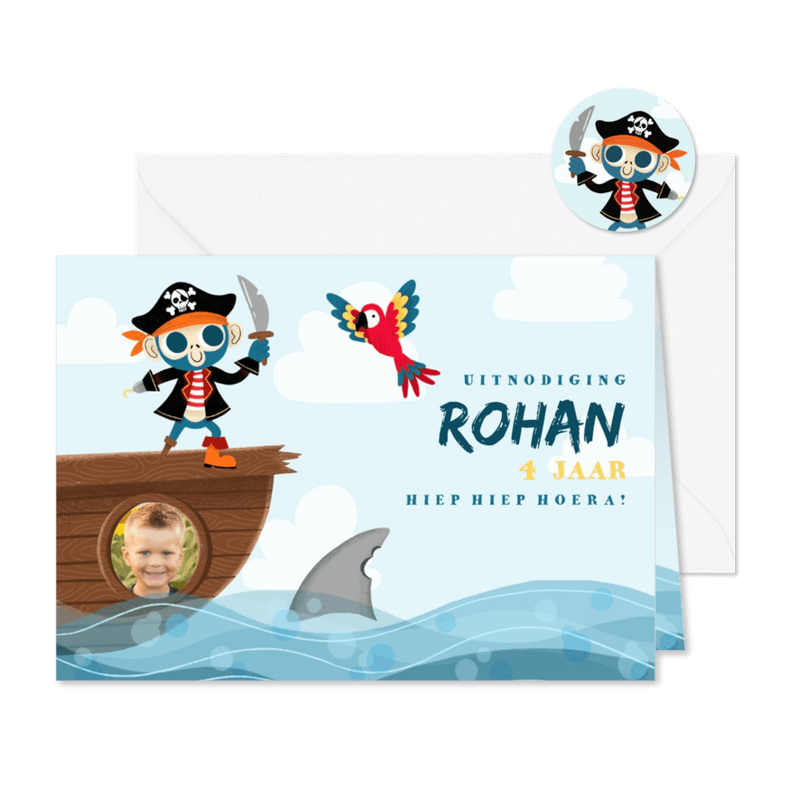 Uitnodiging kinderfeestje met piraten aap, papegaai en haai - Kaartimpressie