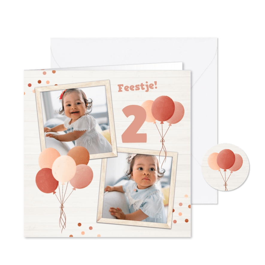 Uitnodiging kinderfeestje met roze ballonnen en twee foto's - Kaartimpressie
