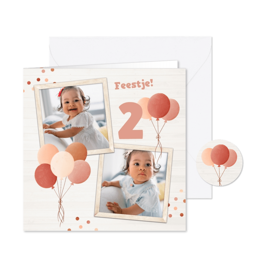 Uitnodiging kinderfeestje met roze ballonnen en twee foto's - Kaartimpressie