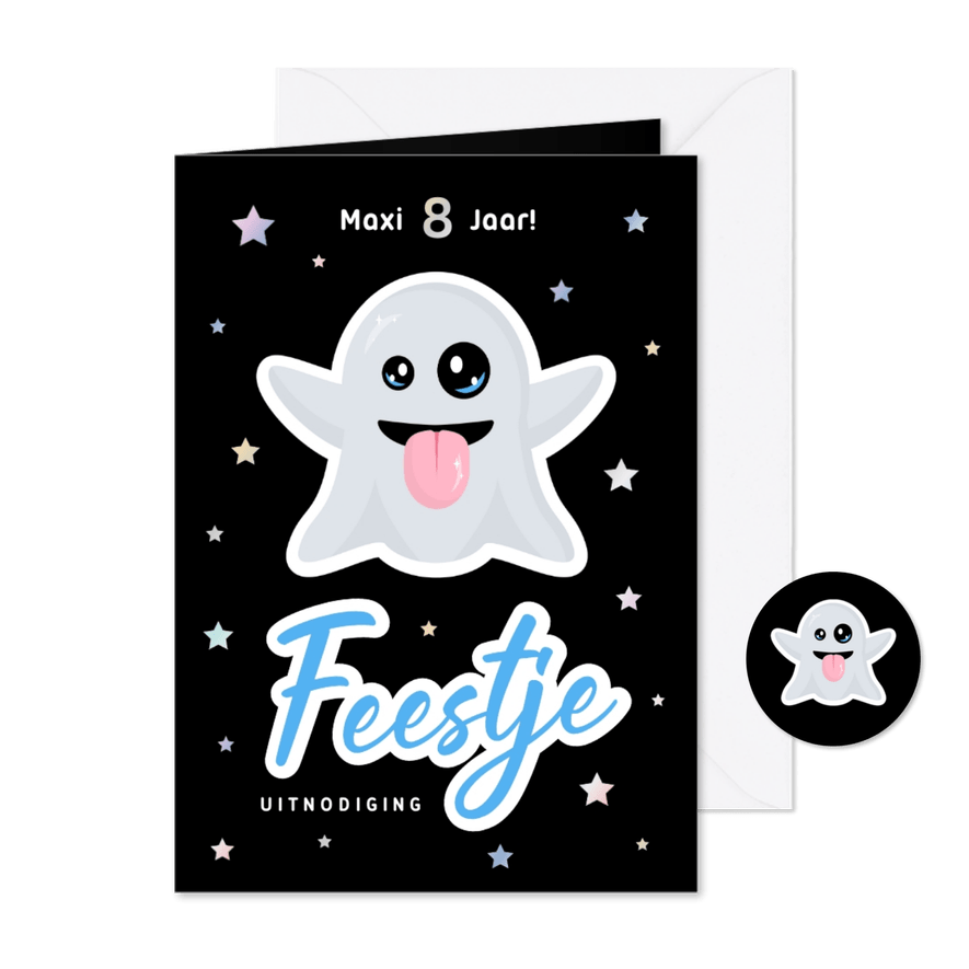 Uitnodiging kinderfeestje met spookje en sterren zwart - Kaartimpressie