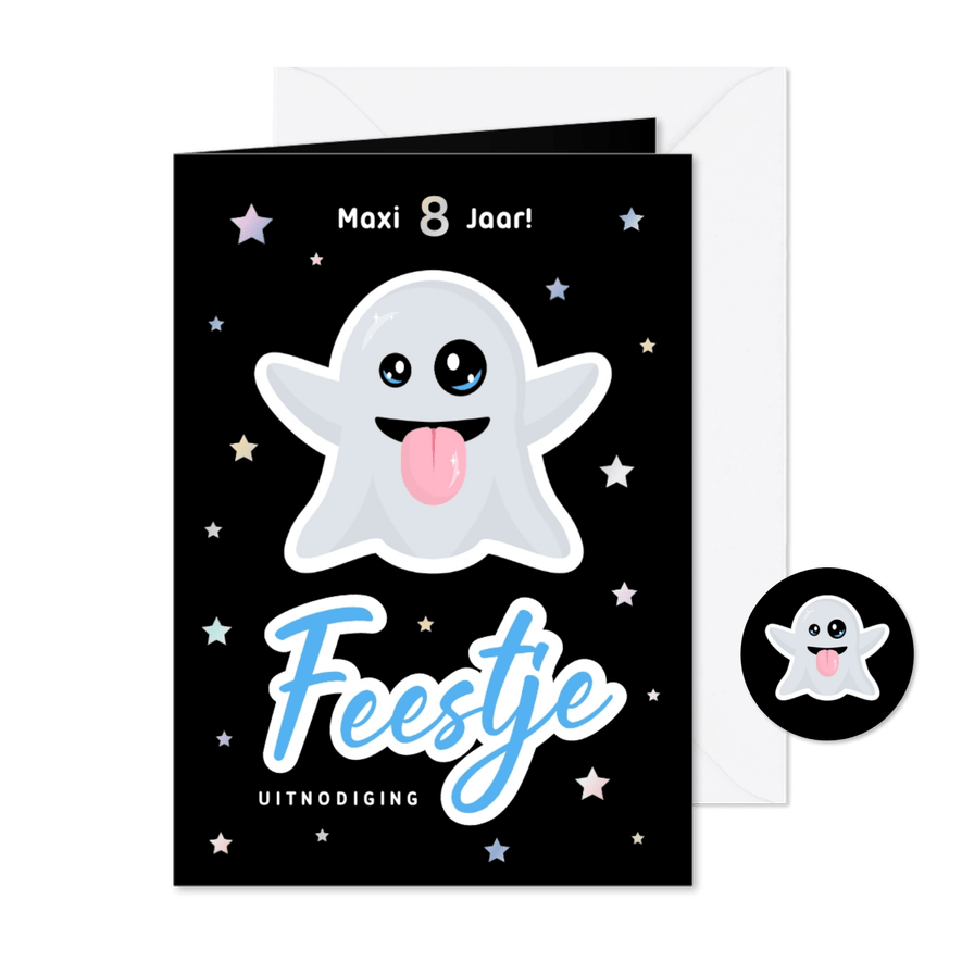 Uitnodiging kinderfeestje met spookje en sterren zwart - Kaartimpressie