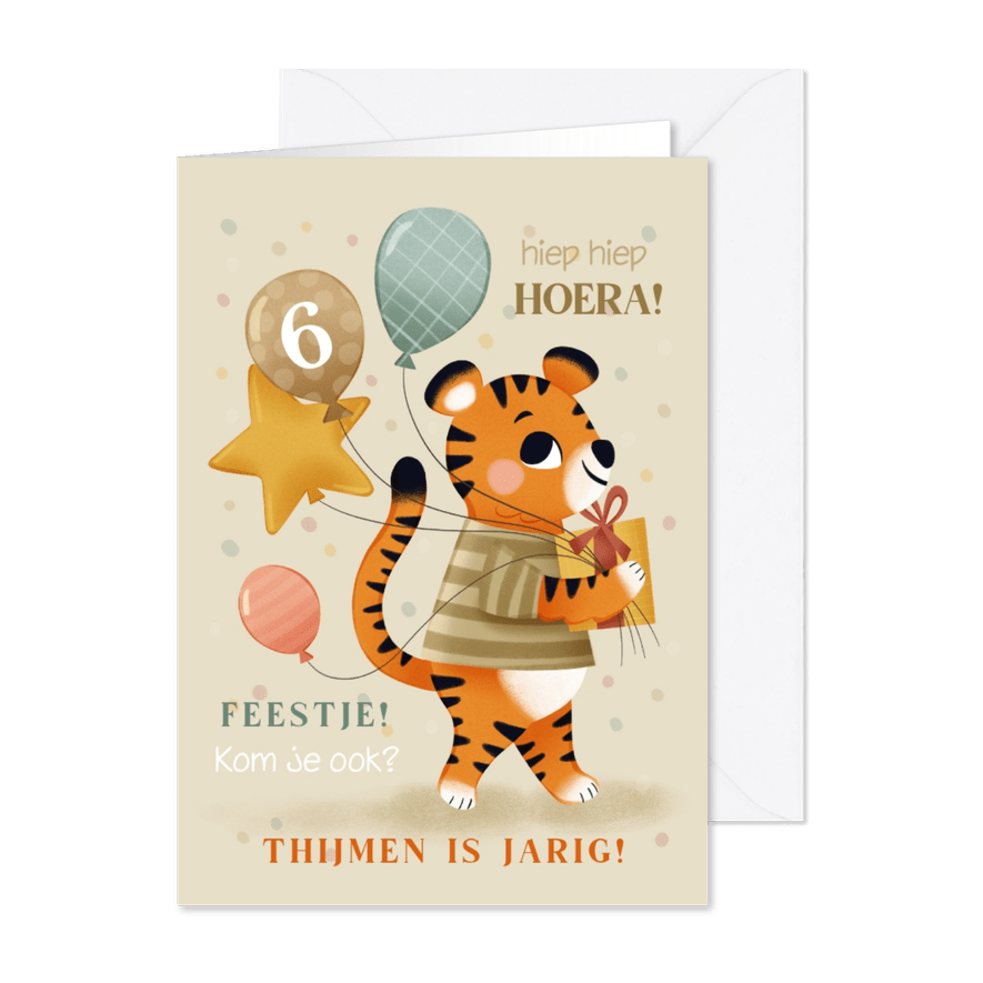 Uitnodiging kinderfeestje met tijger ballonnen en confetti - Kaartimpressie