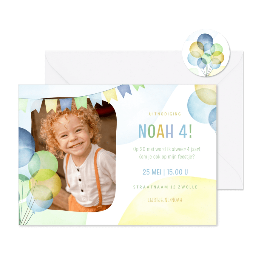 Uitnodiging kinderfeestje met vrolijke ballonnen - Kaartimpressie