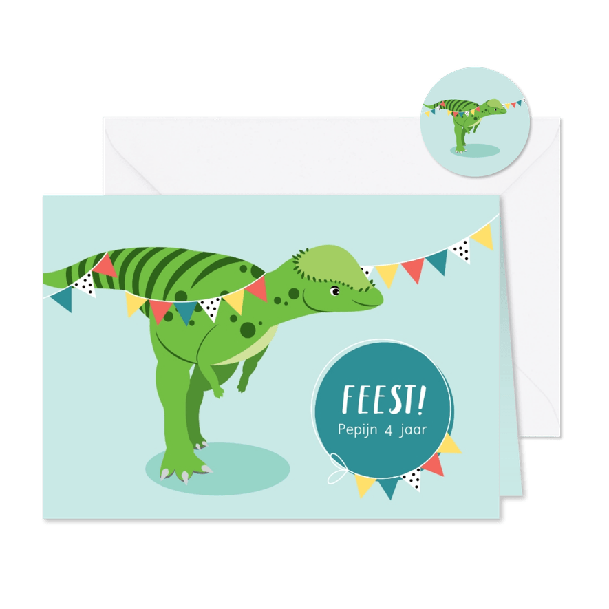 Uitnodiging kinderfeestje met vrolijke dino - Kaartimpressie