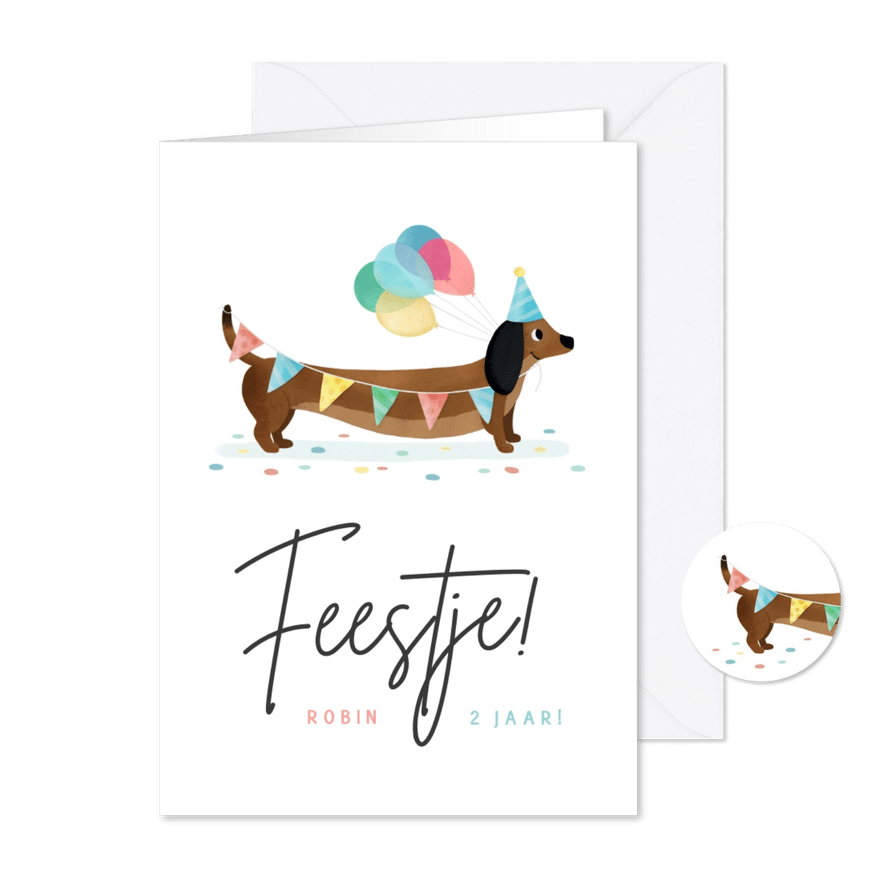 Uitnodiging kinderfeestje met vrolijke teckel met ballonnen - Kaartimpressie