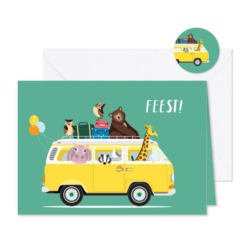 Uitnodiging kinderfeestje met vw busje vol dieren - Kaartimpressie