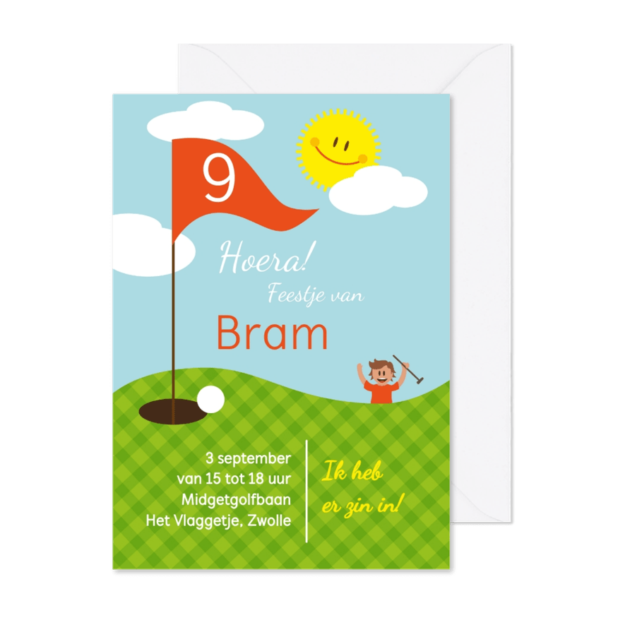 Uitnodiging kinderfeestje midgetgolf jongen - Kaartimpressie