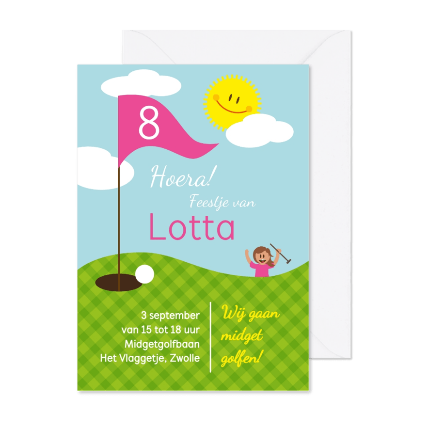Uitnodiging kinderfeestje midgetgolf meisje - Kaartimpressie