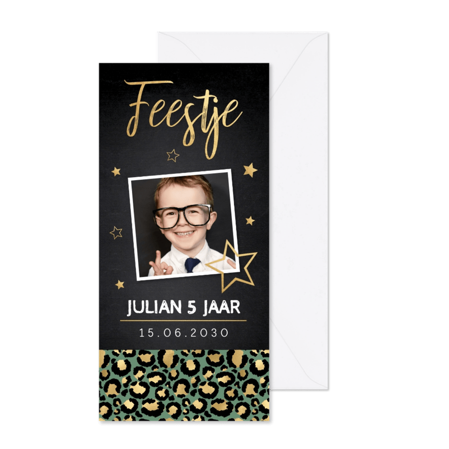 Uitnodiging kinderfeestje panterprint foto sterren goudlook - Kaartimpressie
