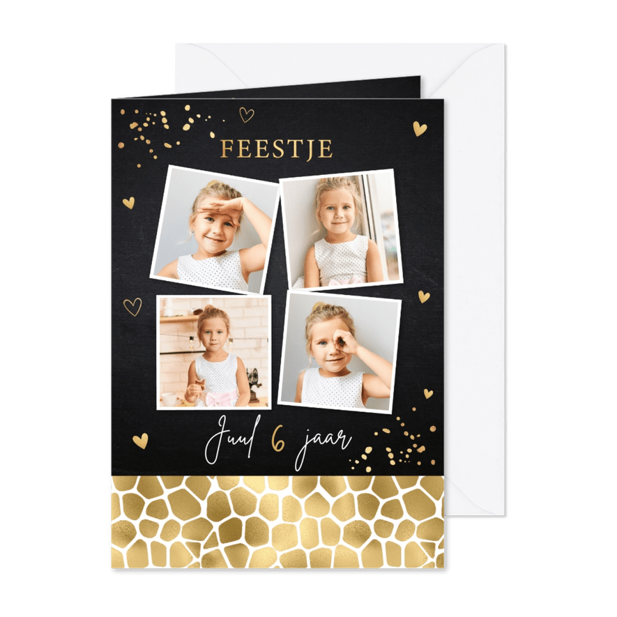 Uitnodiging kinderfeestje panterprint goudlook fotocollage - Kaartimpressie