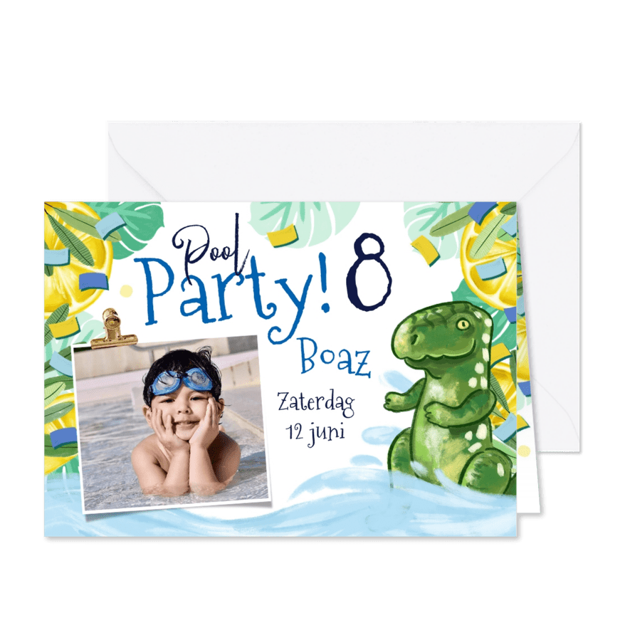 Uitnodiging kinderfeestje 'Pool Party' tropisch dino foto - Kaartimpressie