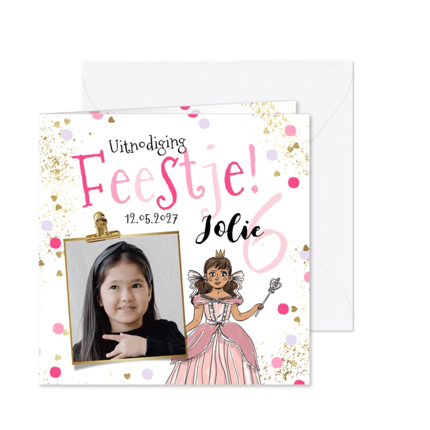 Uitnodiging kinderfeestje prinses confetti gouden hartjes - Kaartimpressie