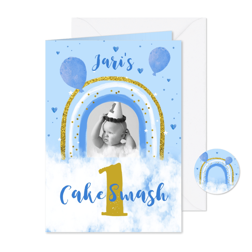 Uitnodiging kinderfeestje regenboog ballonnen wolken jongen - Kaartimpressie