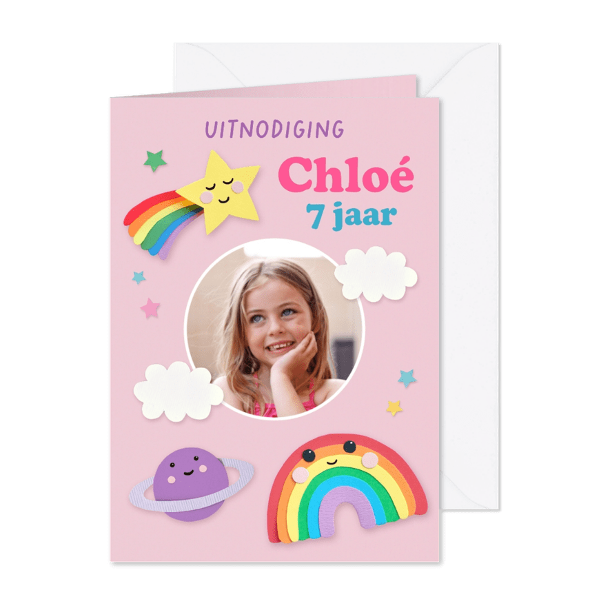 Uitnodiging kinderfeestje regenboog en vallende ster - Kaartimpressie