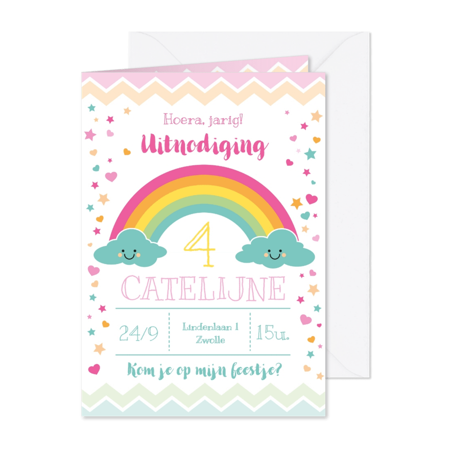 Uitnodiging kinderfeestje regenboog & wolkjes - Kaartimpressie