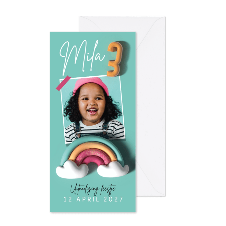 Uitnodiging kinderfeestje regenboog feestje foto ballon - Kaartimpressie