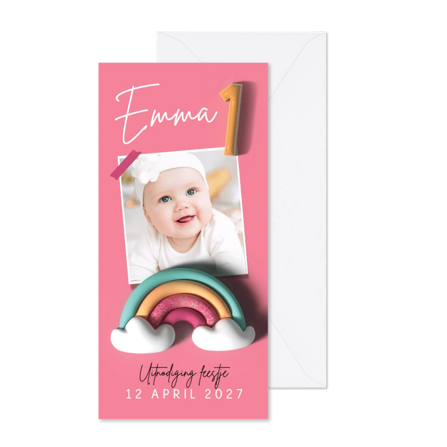 Uitnodiging kinderfeestje regenboog foto ballon 1 jaar - Kaartimpressie
