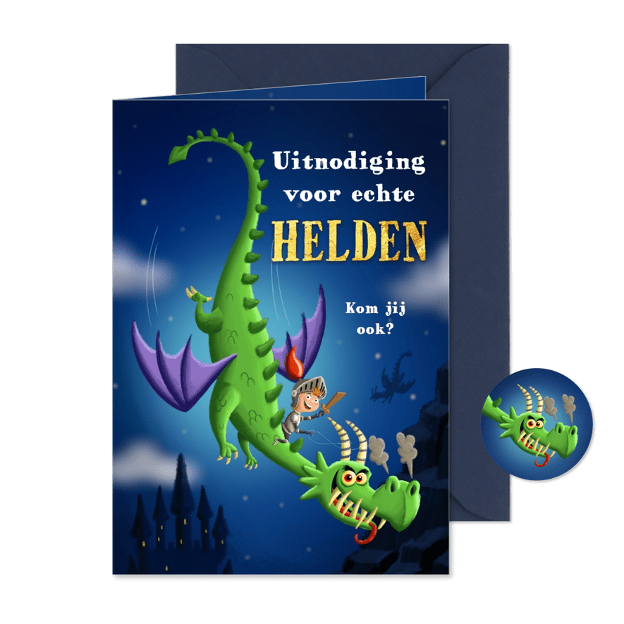 Uitnodiging kinderfeestje ridder op vliegende draak - Kaartimpressie