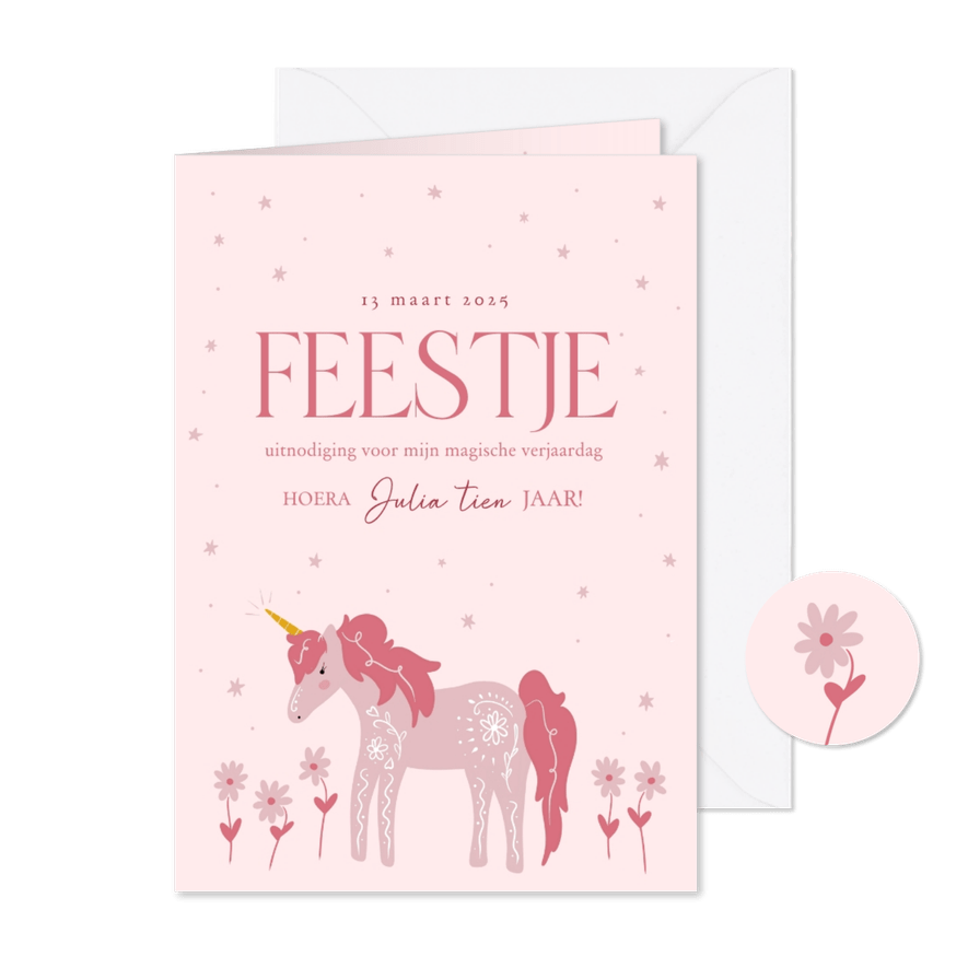 Uitnodiging kinderfeestje roze met eenhoorn en bloemetjes - Kaartimpressie